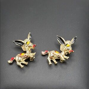 Pair of two vintage gold tone enamel donkey brooches/ pin set